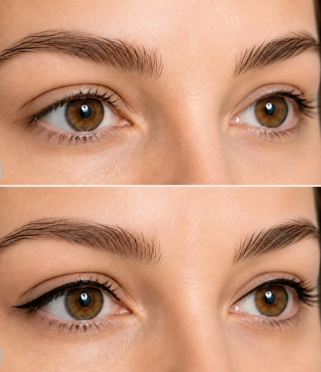 Illustratief voor en na voorbeeld van permanente eyeliner met een natuurlijk resultaat