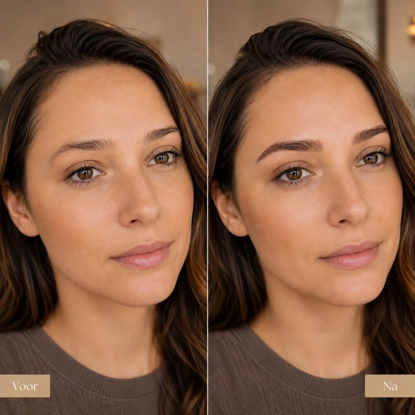 Illustratief voor en na voorbeeld van permanente make-up wenkbrauwen met een natuurlijk resultaat