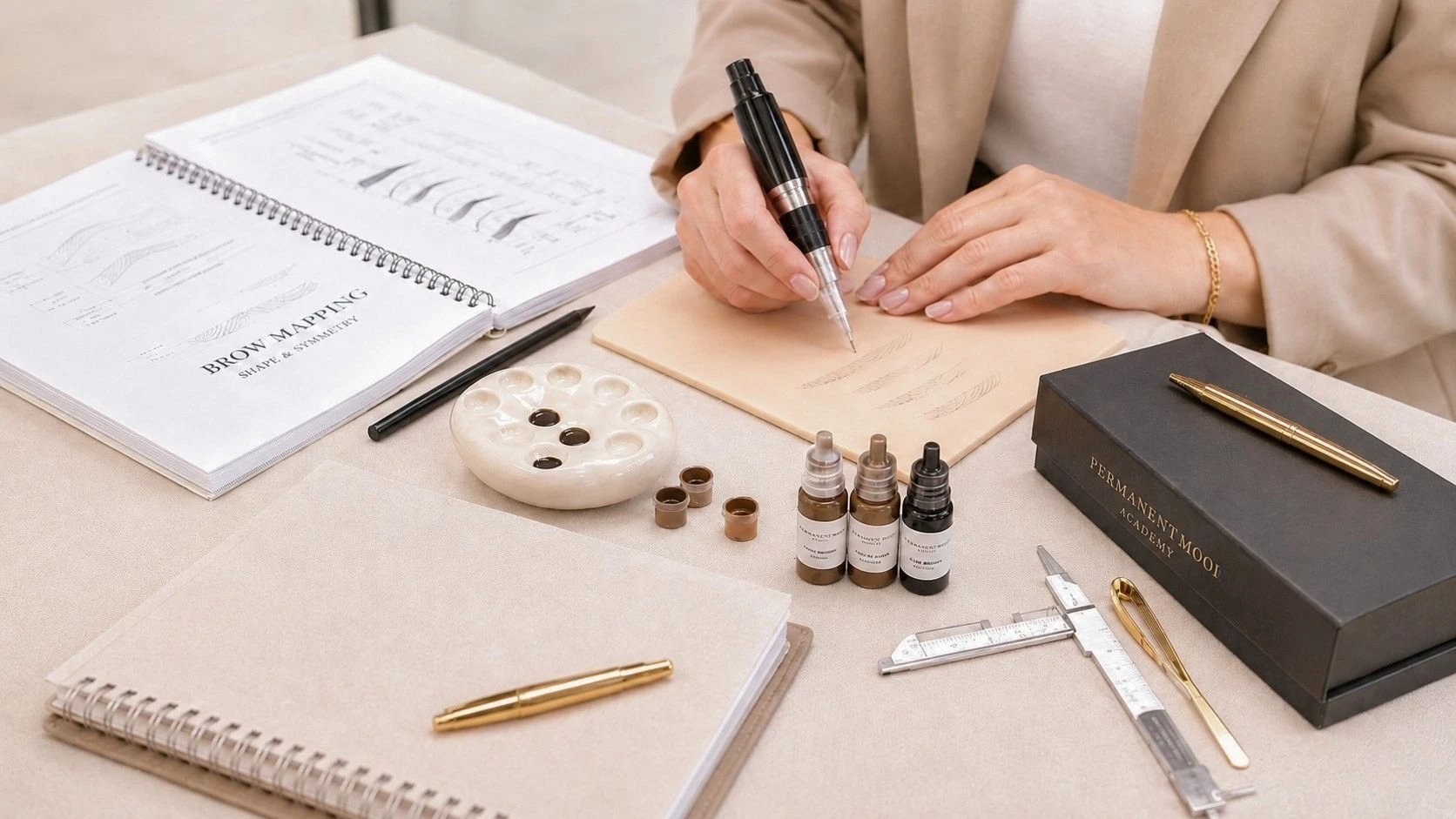 Praktijkmateriaal tijdens een opleiding permanente make-up bij PermanentMooi