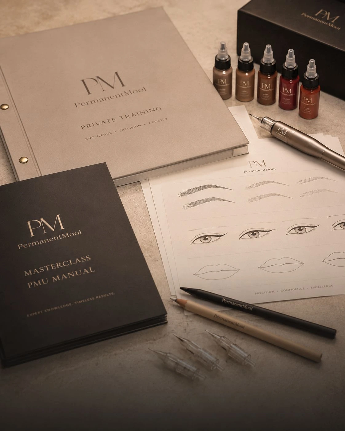 Lesmateriaal, pigmenten en apparatuur voor PMU-opleidingen en masterclasses van PermanentMooi