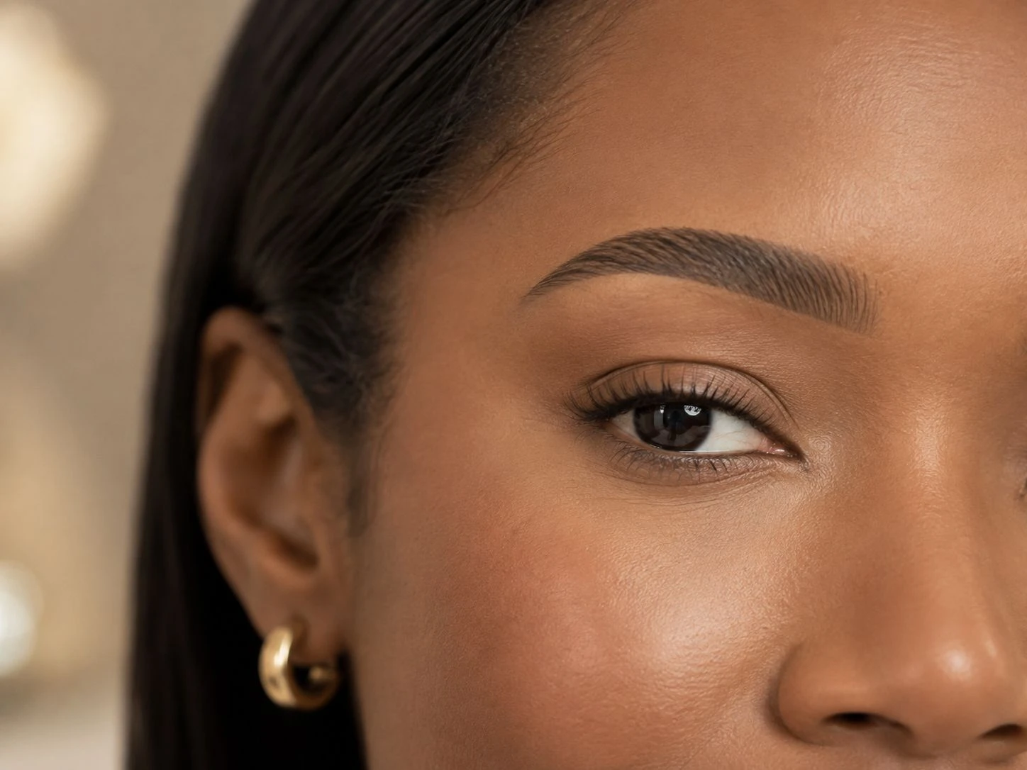 Natuurlijk resultaat van permanente make-up wenkbrauwen op een donkere huid