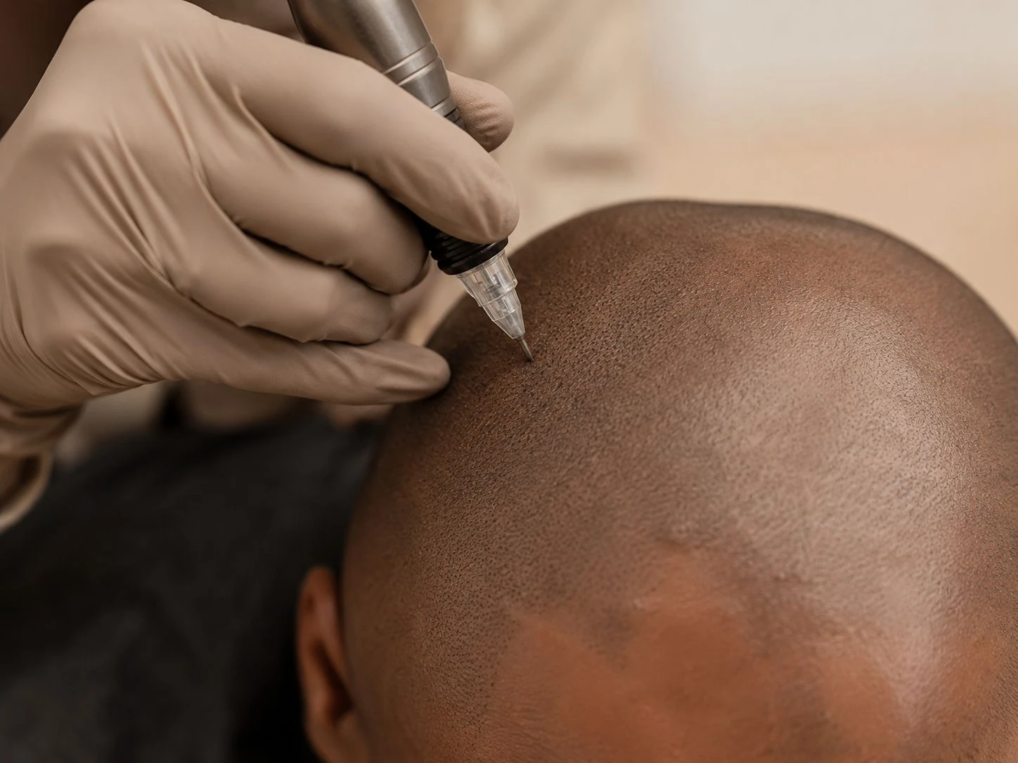 Scalp micropigmentatie behandeling waarbij pigment in de hoofdhuid wordt aangebracht