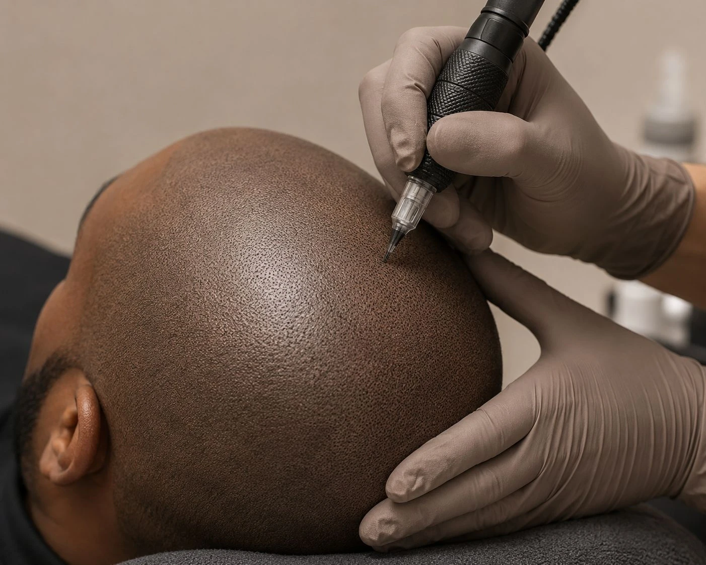 Sammy tijdens een scalp micropigmentatie behandeling bij PermanentMooi