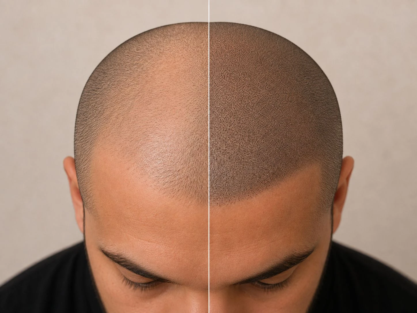 Voor en na scalp micropigmentatie bij een man met een terugtrekkende haarlijn