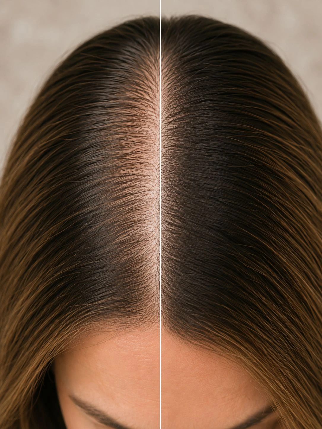 Scalp micropigmentatie bij een vrouw met dunner haar en een zichtbare scheiding